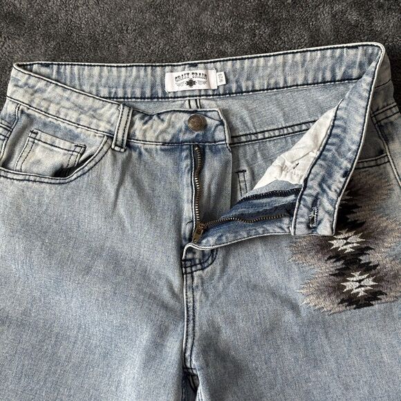 Crop Jeans – Crazy Train Coyote Cool Aztec Tribal Embroidered Flare, OBO - Picture 4 of 8